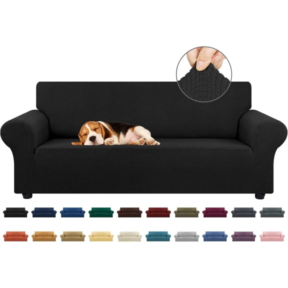 Stretch Sofa Cover Slipcover, Couch Cover for 3-Cushion Couch, Pet-Friendly, Fits 78"–94", Furniture Protector Sofa with Elastic Bottom for Kids and Dogs, Jacquard Small Checked, Large, Black