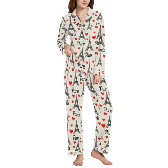 joogoo Pajamas Set for Women Paris Tower Hearts Long Sleeve Pjs Loungewear L
