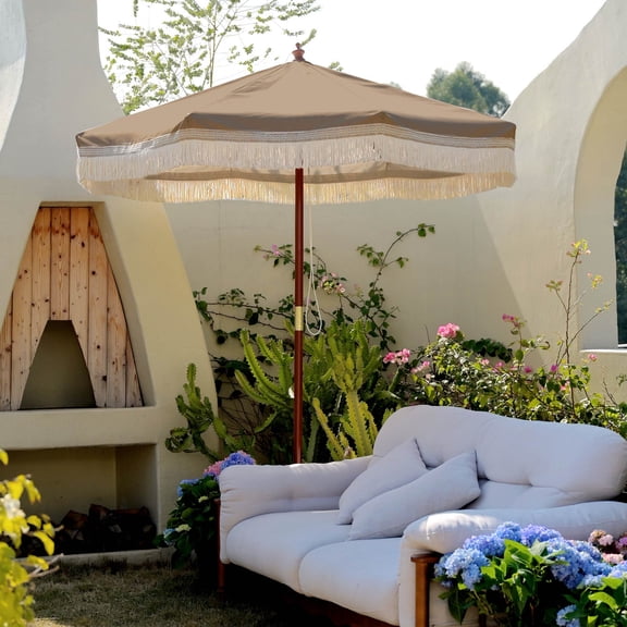 LAGarden 7' Patio Khaki Umbrella with Tassels UPF50 Boho Style 5-Year-Non-Fading for Yard,Model:BH7W-10P