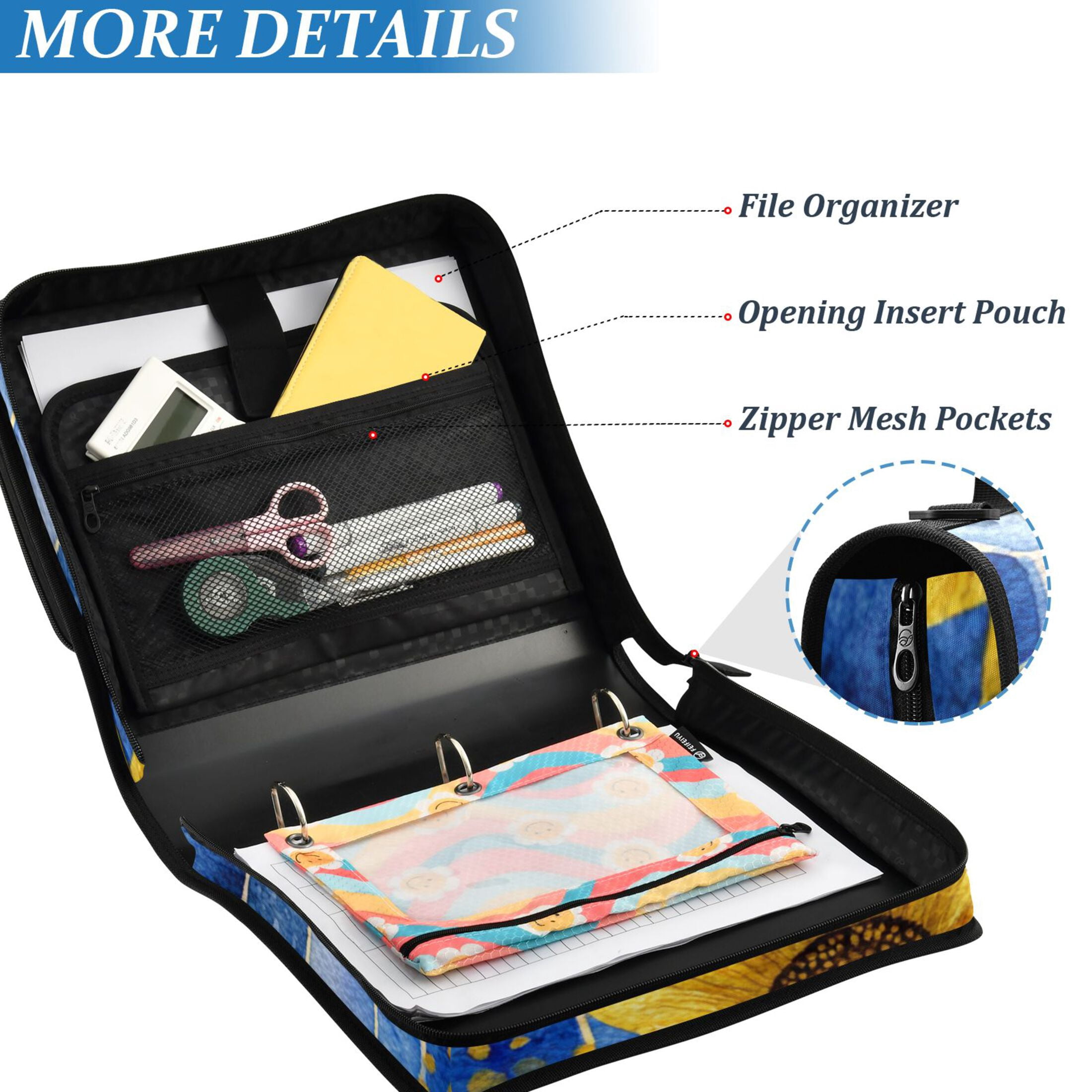 Sunflowers and Blue Honeycomb Binder Bag with Shoulder Strap 3 Ring Zipper Binder File Folder Document Storage