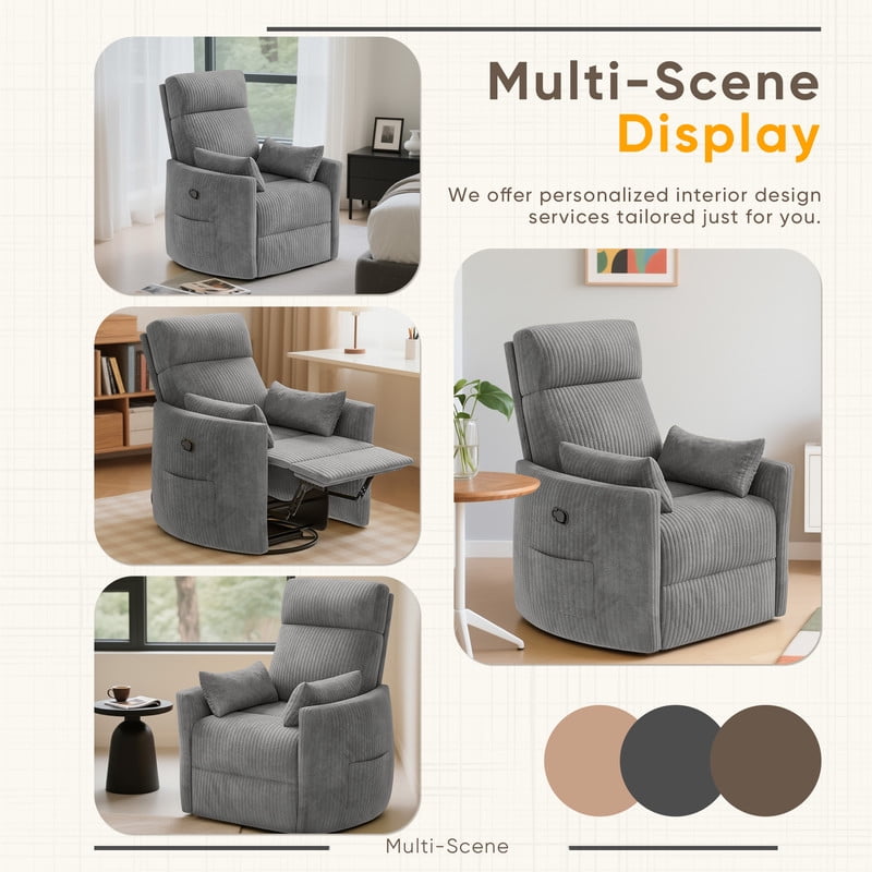 Homall 360° Swivel Nursery Recliner Power Swivel Rocker Recliner Chair with 2 Pillows Comfy High Back Adult Glider Rocker for Living Room,Corduroy Gray