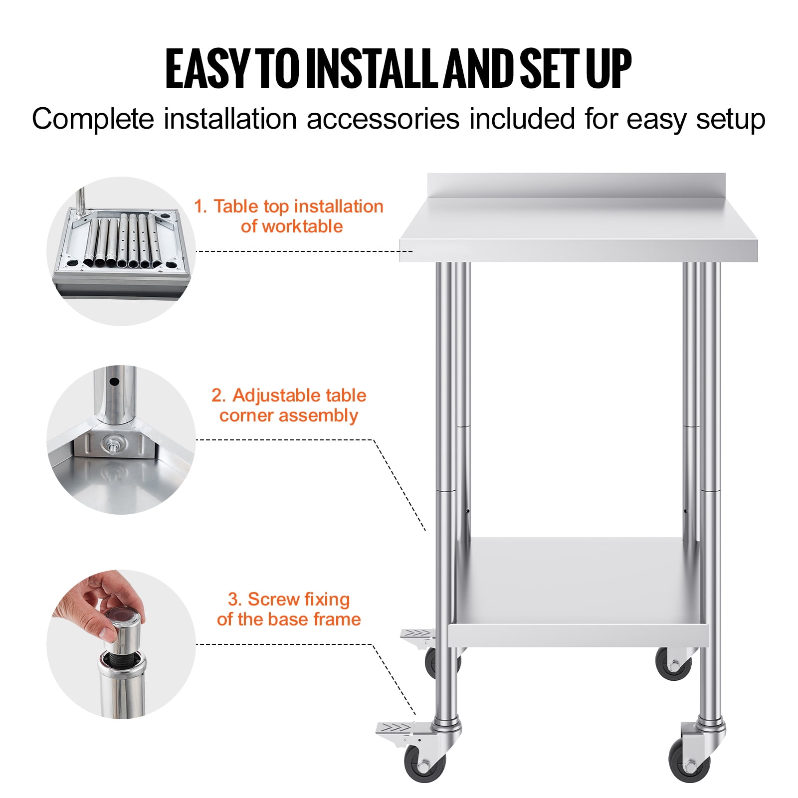 KFFKFF 24 x 24 x 40 Inch Stainless Steel Work Table, Commercial Food Prep Table with Wheels, Durable Metal Table with Adjustable Height for Kitchens, Restaurants, and Hotels