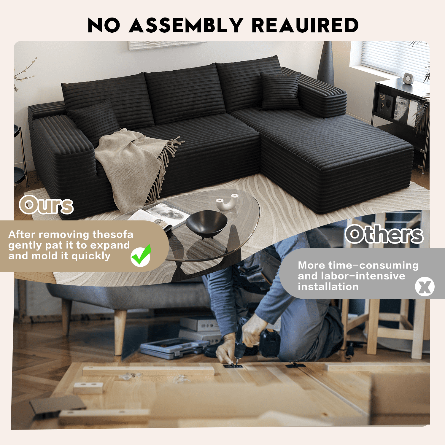 107.5" Cloud Sectional Couch with L-Shape Chaise,Modern Modular Sofa for Living Room ,No Assembly Required,(Black,Right Facing Chaise)