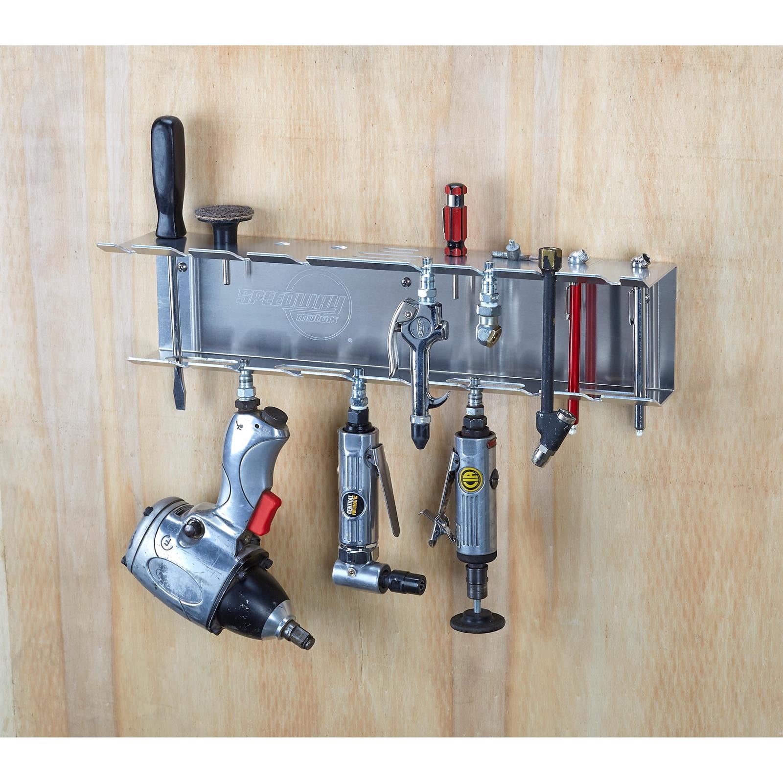 Speedway Motors 18-Inch Wall Mount Pneumatic Tool Storage Organizer, Aluminum Garage & Trailer Air Tool Rack Holds Up to 17 Tools, Quick Access Workshop Storage Solution