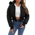 thumbnail image 4 of Women Winter Cropped Puffer Jacket Faux Fur Hood Stand Collar Corseted Zip Up Short Down Coat with Pockets, 4 of 6
