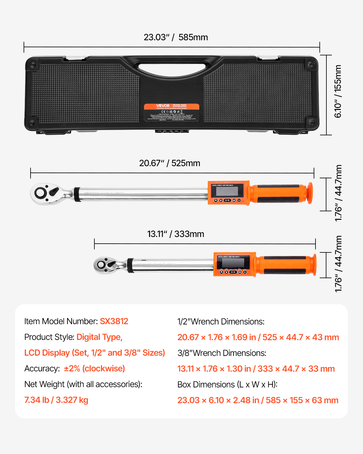 VEVOR Digital Torque Wrench Set, 2 Pieces, 1/2, 3/8 Inch Drive, 72-Tooth, ±2% High Accuracy Electronic Torque Wrench with Preset Value, Buzzer and LED Notification, for Automotive Motorcycle