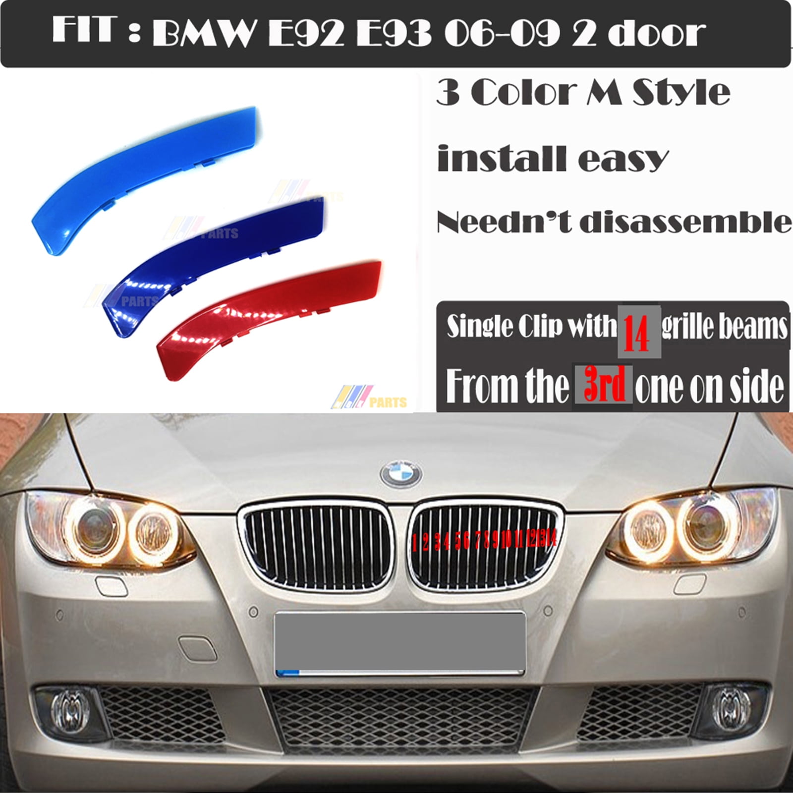 Trimla M-Colored Grille Insert Trim Performance Sport for 05-08 BMW 3  series 4door E90 E91 Fit 316i 318i 320i 325d 328i 330i 330d 335i 2005 2006  2007 2008 Kidney Strips Clips Cover 