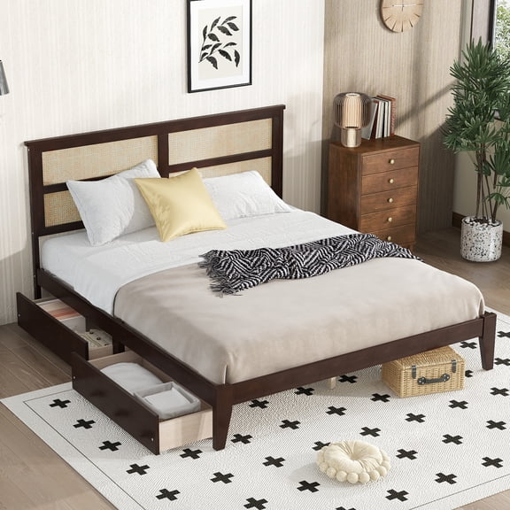 Pinovk King Size Bed with Rattan Headboard, Two Storage Drawers, Rubber Wood Bed with Enhanced Support Slats and Feet,Espresso
