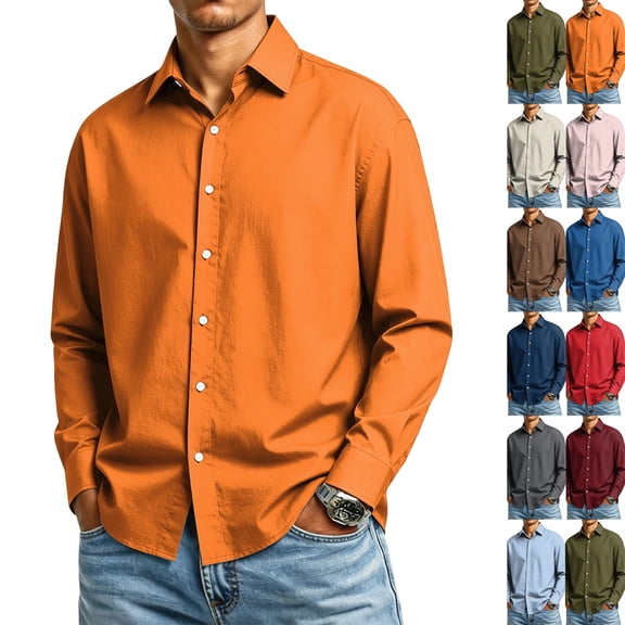 Men's Regular Fit Formal Long Sleeve Shirt Solid Color Lapel Collar Button Front Business Office Daily Wear,4XL,Orange