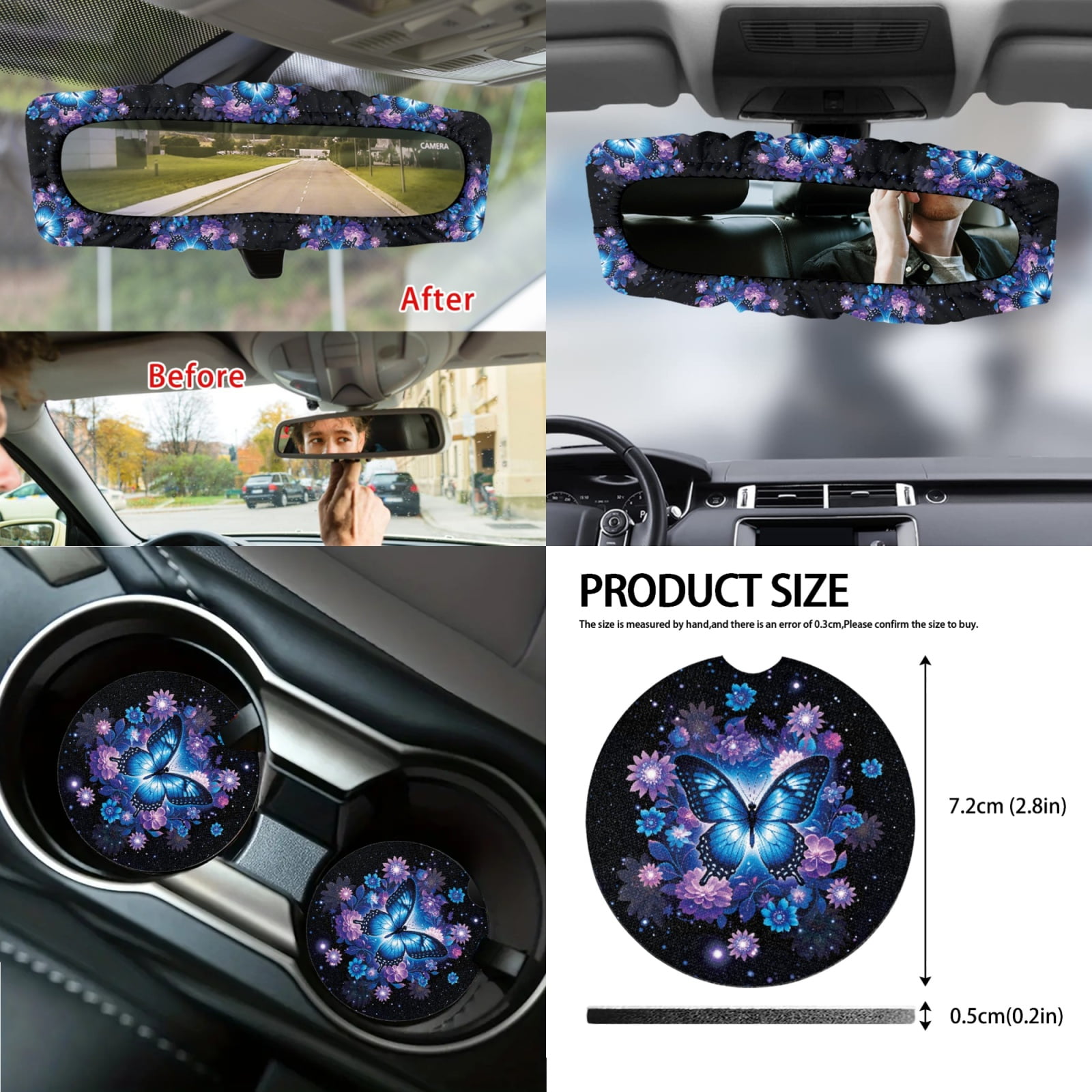Renewold Butterfly Flower 14 Pack Car Accessories, Universal Auto Seat Protector Steering Wheel Seatbelt Strap Pad Trash Can Armrest Pad Cup Holders Rearview Mirror Handbrake Cover Set, Blue Purple
