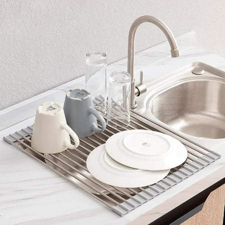

Roll Up Dish Drying Rack Over The Sink Dish Drying Rack Kitchen Rolling Dish Drainer Foldable SUS304 Dish Drying Rack for Kitchen Sink Counter (L-18.5 (W) 13.2 (L) Gray)