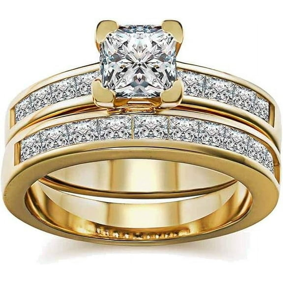 Dreamofdazzles Jewels 925 Sterling Silver 2.30 Ct Princess Cut Diamond Wedding Engagement Thanksgiving Christmas Bridal Ring Set 14K Yellow Gold Plated For Women's -5.5