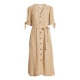 thumbnail image 3 of Time and Tru V Neckline Solid Print Puff Sleeve with Tie Cuffs Midi Dress, M (Women's), 3 of 4