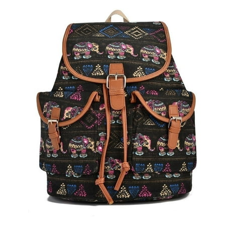 Girls Women Black Elephant Print Exterior Pockets Backpack