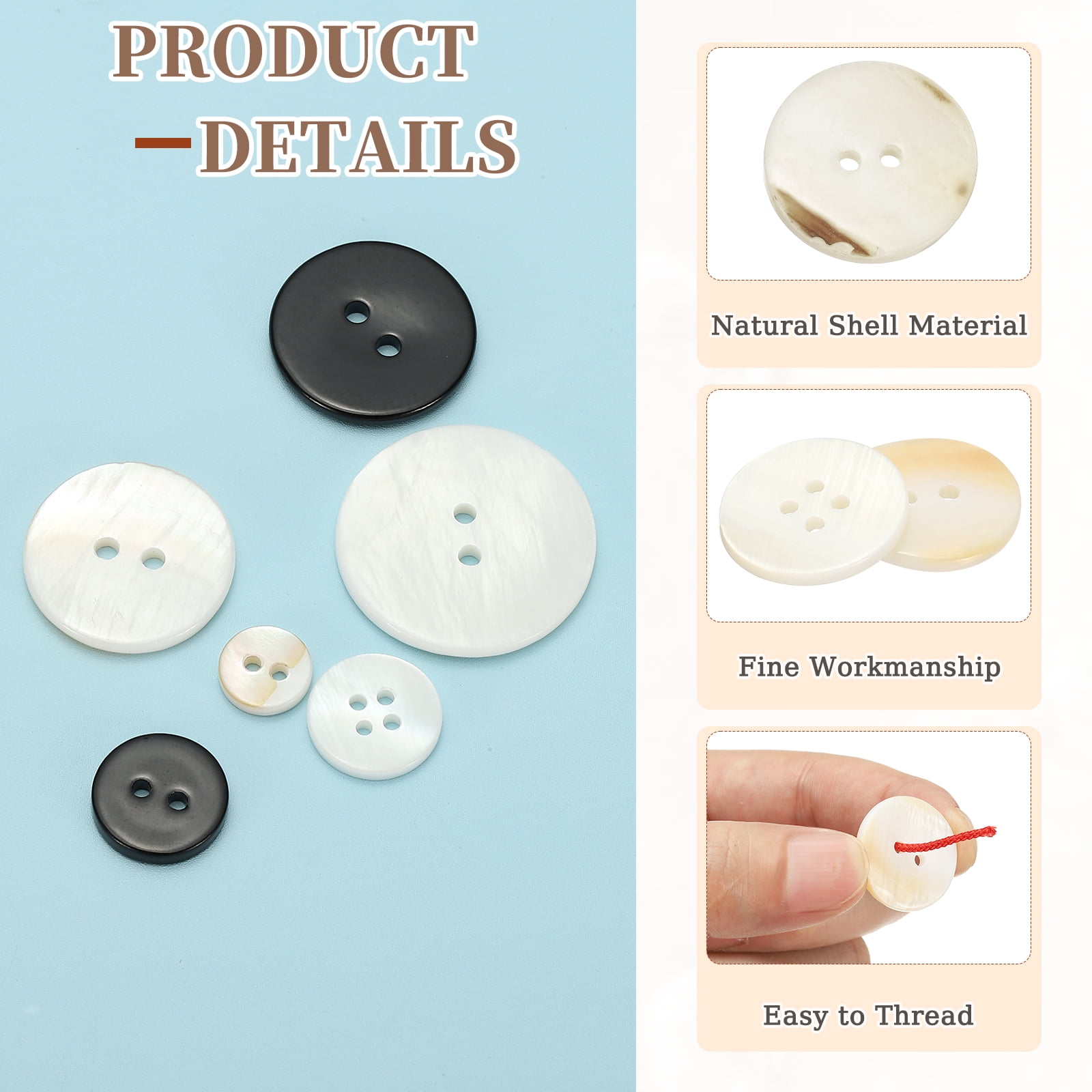 60Pack Natural Shell Button, 2 Hole 25mm Mother of Pearl Buttons, White