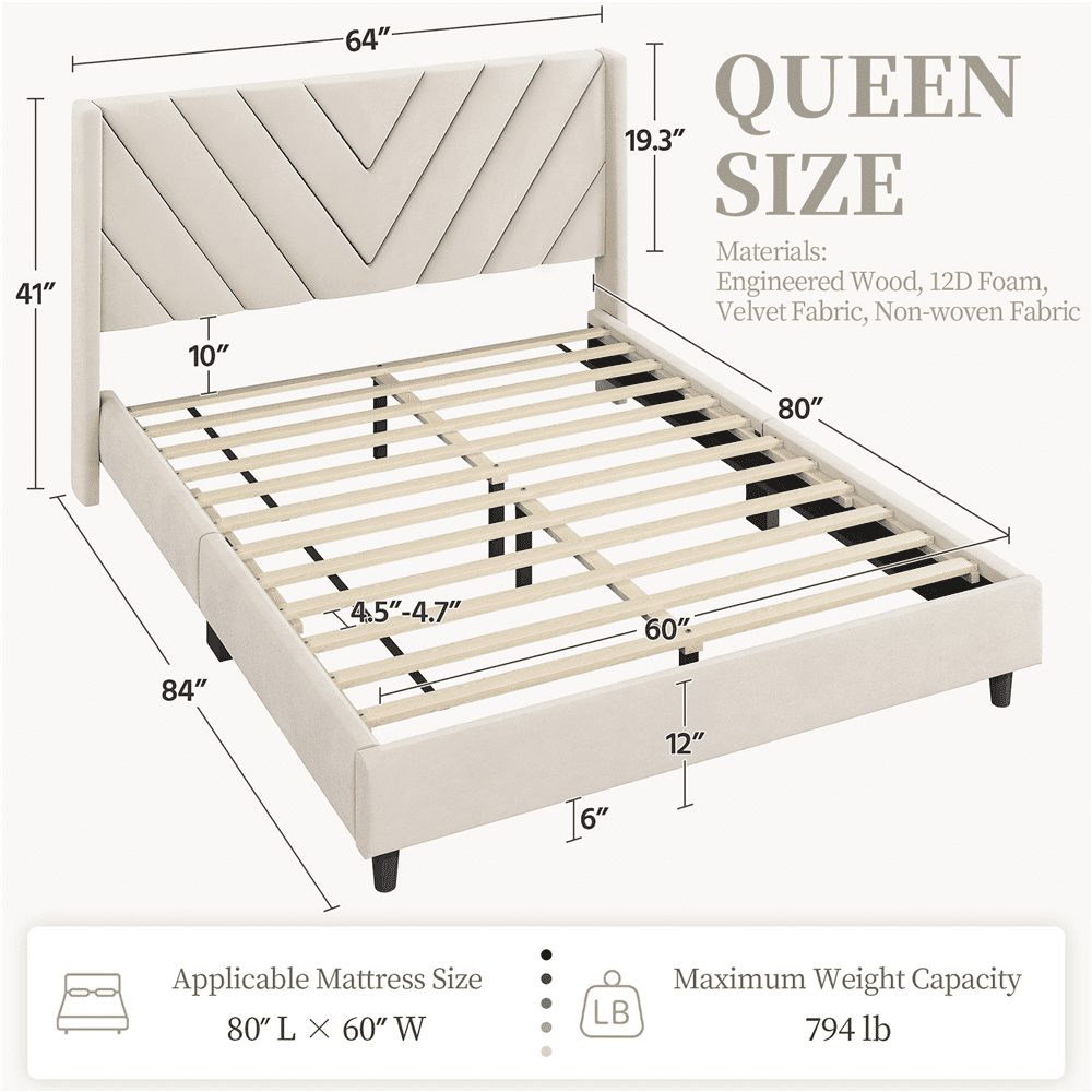 Renwick Queen Size Modern Upholstered Platform Bed with Slat Support, Beige
