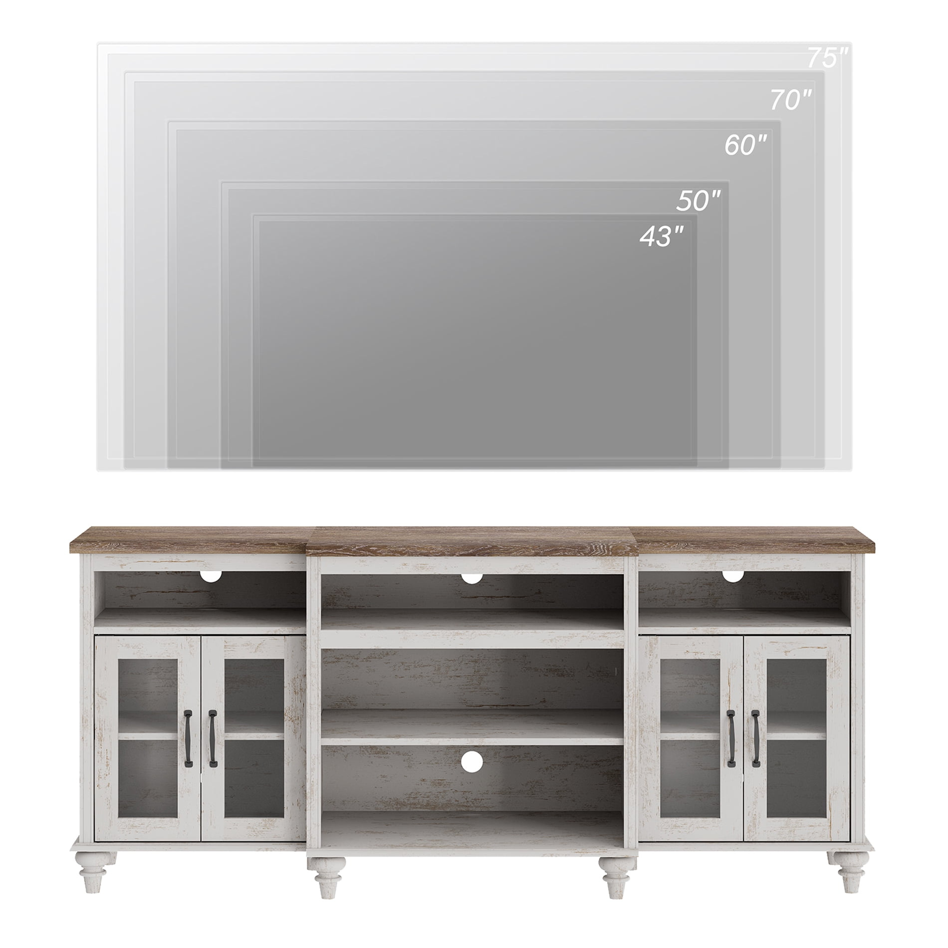 Farmhouse TV Stand for TVs Up to 75 inch, 4-Door Glass and Wood Universal TV Console with 9 Storage Cabinets, Entertainment Center Table for Living Room Bedroom, Rustic White