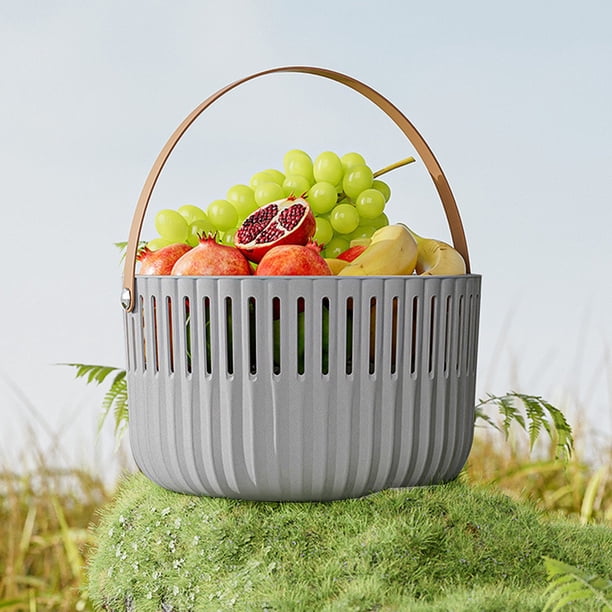 Cesta de picnic con asas • Cesta de plástico para comida y verduras • 25x25x15cm • Beige/blanco/gris • Organización exterior y de cocina