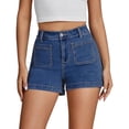 thumbnail image 3 of Aihuaihua Trendy Women's High Waisted Cargo Jean Shorts Stretchy Cotton Utility Pockets Classic Denim Shorts Dark Blue M, 3 of 7
