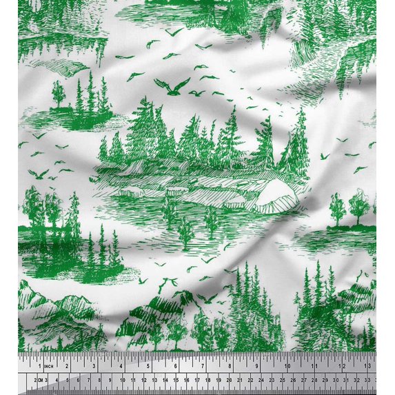 Soimoi Satin Silk Fabric Bird & Tree Nature Print Sewing Fabric Yard 42 Inch Wide