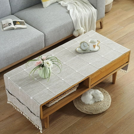 

European Style Cotton Linen Fabric Table Cover With Pockets Lattice Tablecloth With Tassels Washable Rectangular Tablecloth Suitable For Tea Table-B-60*180cm
