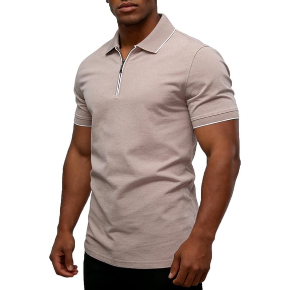 Ceisia Men's Short Sleeve Solid Color Zip Polo Shirt Knit Collared Business Casual Everyday Top Gifts for Father Beige 1X