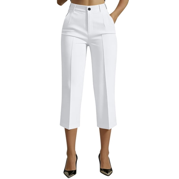 Qgtaibl Women's Cropped Dress Pants High Waisted Pleated Straight Leg Pants Solid Color Business Suit Trousers with Pockets Summer Capris White XXXL