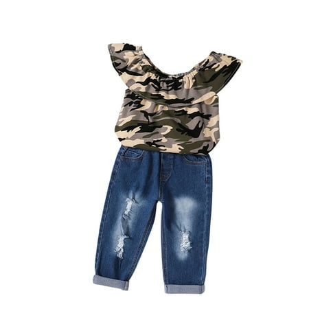 

Summer Toddler Baby Girl Off Shoulder Tops Denim Pants Ripped Jeans Clothes Set