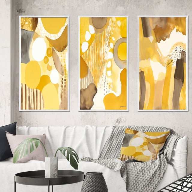Designart "Dreams in Mustard Yellow Retro Watercolor II" Modern Midcentury Framed Wall Art Set Of 3 - Yellow Abstract Midcentury Frame Gallery Set For Office Decor