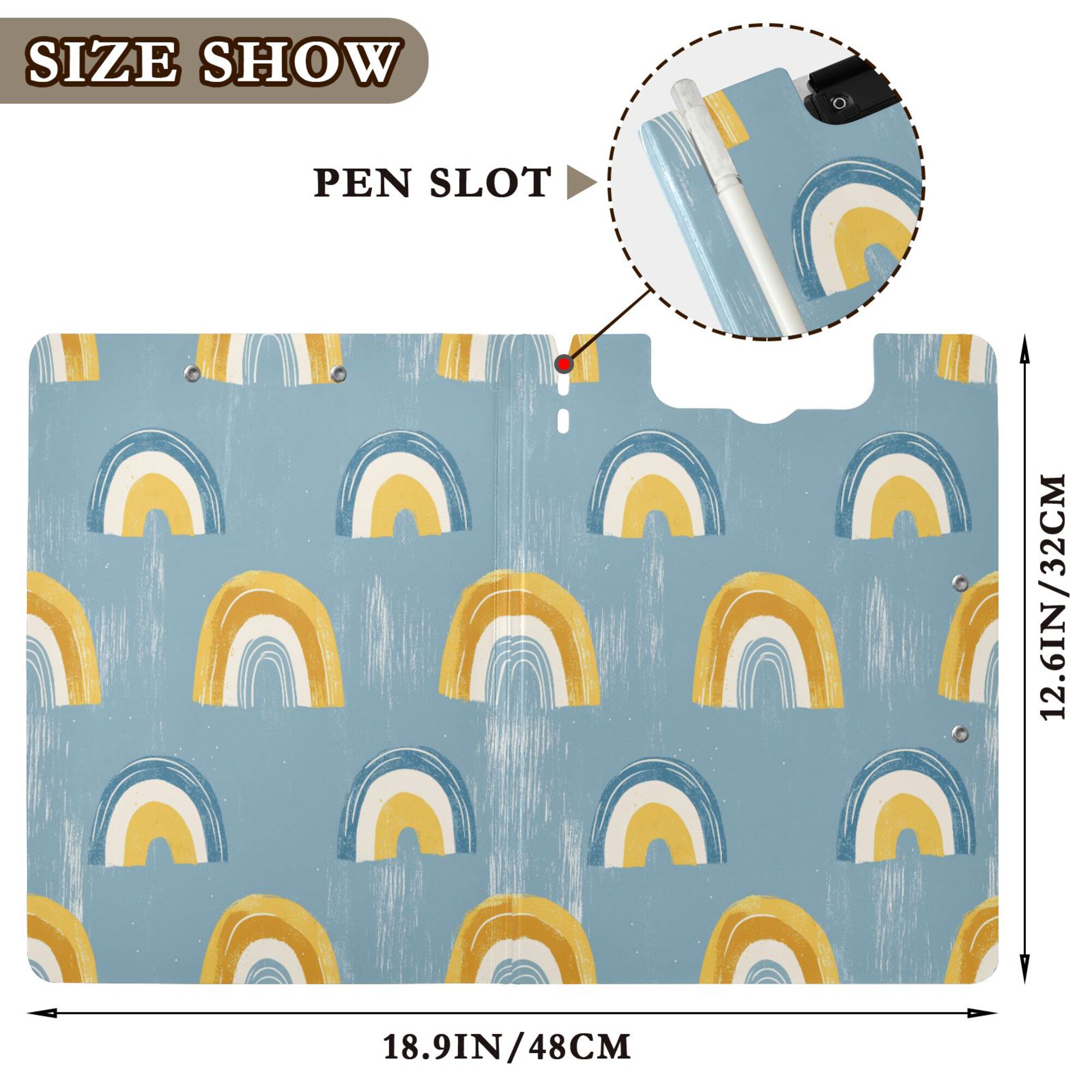 FORMRS A4 Clipboard Folder with Pen Holder Horizontal Foldable School Office Binder, Light Blue Rainbow