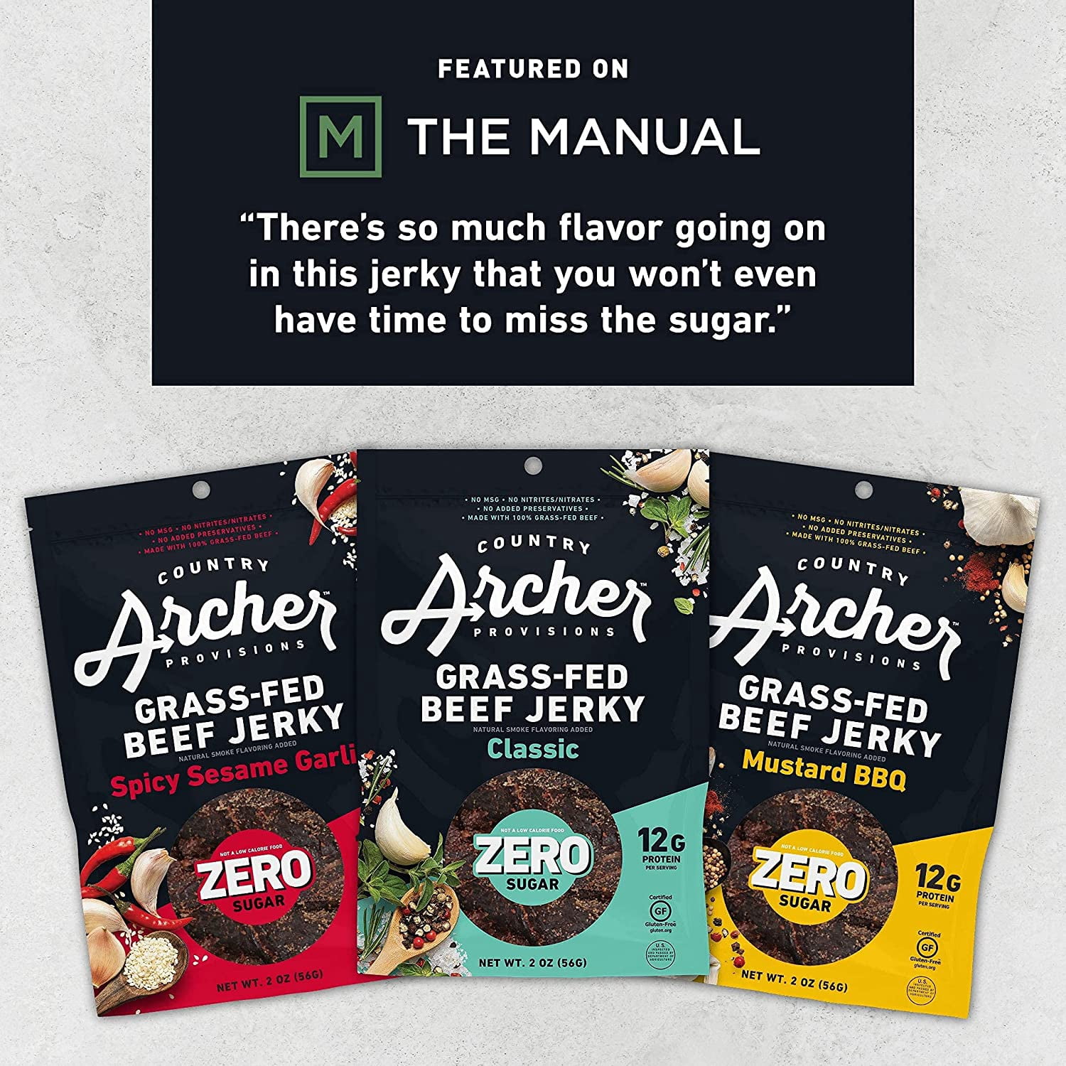 Zero Sugar Mustard BBQ Beef Jerky by Country Archer | 100% Grass-fed, Sugar-free Beef Jerky | Keto, Low Carb, Protein Snacks | 2 Ounce (6 Pack)