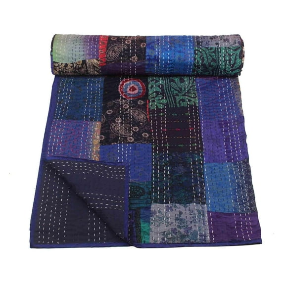 Indian Silk Kantha Quilt, Kantha Bed Cover, Handmade Kantha Bedspread Blanket ,Kantha Blanket Size - King - 108" x 108"