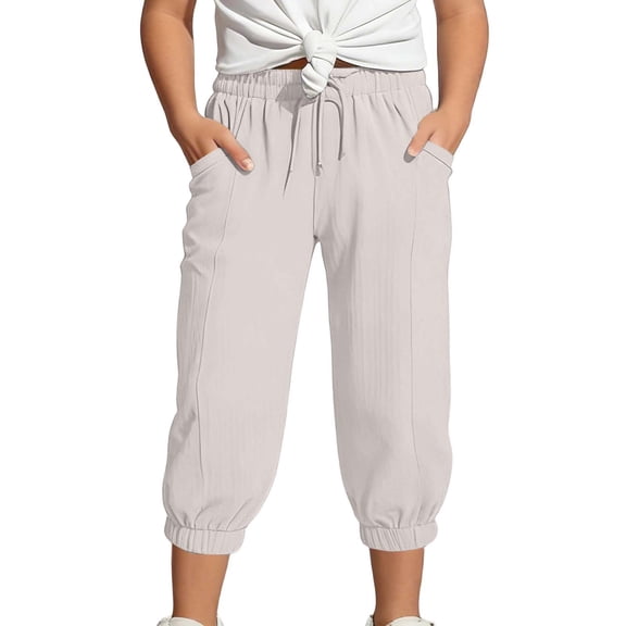 Girls Linen Capri Pants - Summer Loose Joggers Elastic High Waist Beach Capris Casual Cropped Trousers with Pockets for Kids Youth,Age 4-15 (Beige/110)