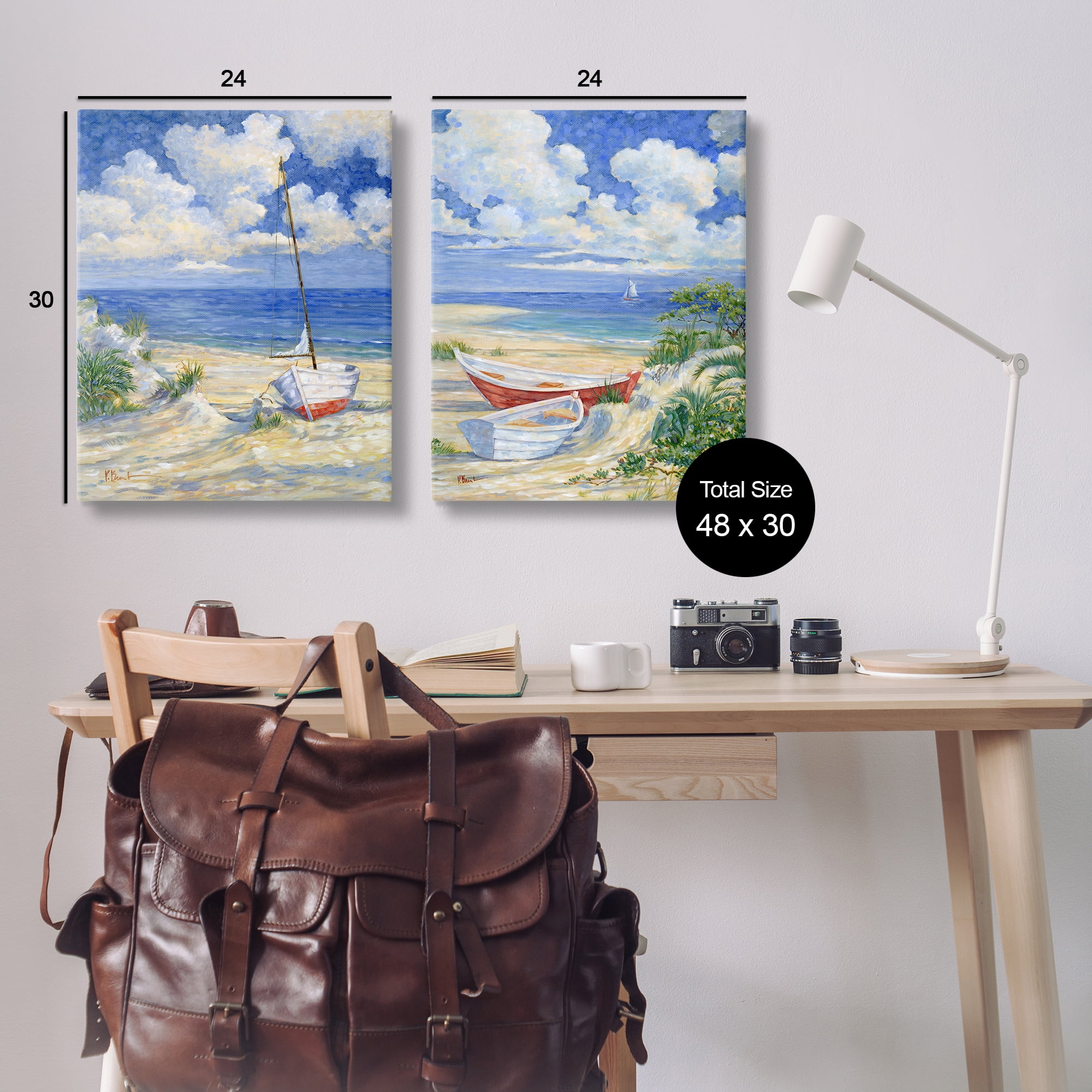 Stupell Industries Row Boat on Sandy Beach Nautical & Beach Painting Wrapped Canvas Art Print Wall Art, 24 x 30, Set of 2