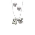 thumbnail image 2 of Delight Jewelry Silvertone Pebble Border Initial - K Silver tone Guardian Angel Charm Necklace and Stud Earrings, 2 of 4