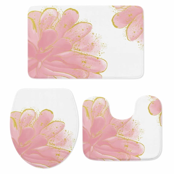 Pink Gold Bath Mat 3 Piece Bathroom Rug Set, Boho Modern Abstract Minimalist Aesthetic Flower Non Slip Bath Rug Contour Mat and Toilet Lid Cover, Absorbent Shower Mats Soft Bath Rugs and Mats Sets