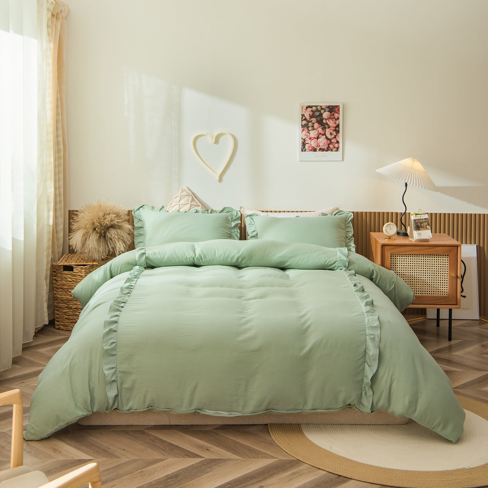 Sage Green Comforter Cover Ruffled Bedding Set Ruffle Fringe Design