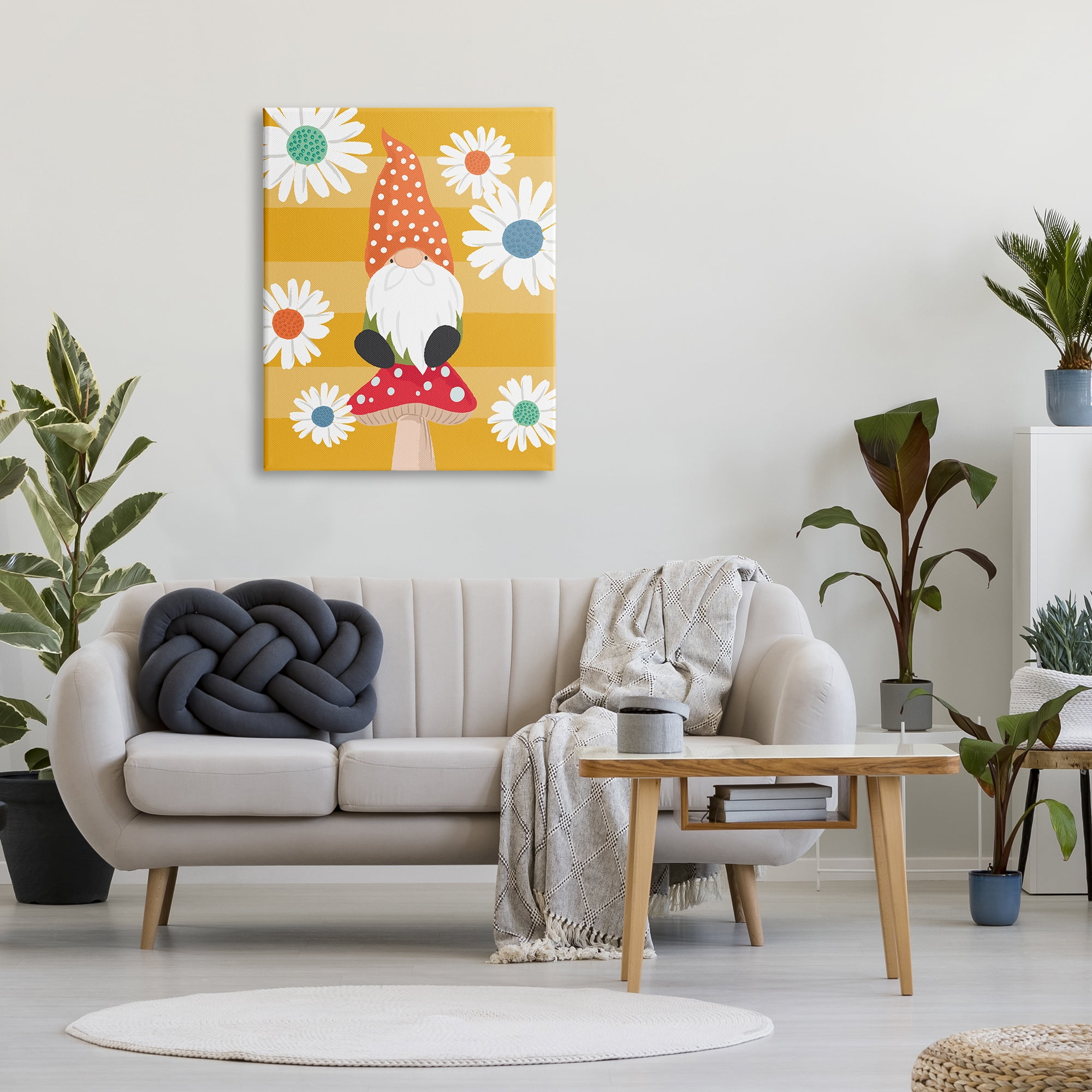 Stupell Industries Mushroom Garden Gnome White Daisies Yellow Stripes, 30 x 40, Designed by Lisa Whitebutton