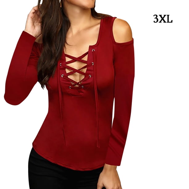 Camiseta de mujer Sexy con hombros descubiertos, cuello en V, vendaje, manga larga, rojo vino, 3XL Inevent AP001287-13