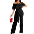 thumbnail image 4 of LYXSSBYX Jumpsuits for Women Dressy Women's Spring and Summer Solid Color Off Shoulder Hollow Lace Ruffle Waist Tie Up Jumpsuit, 4 of 5