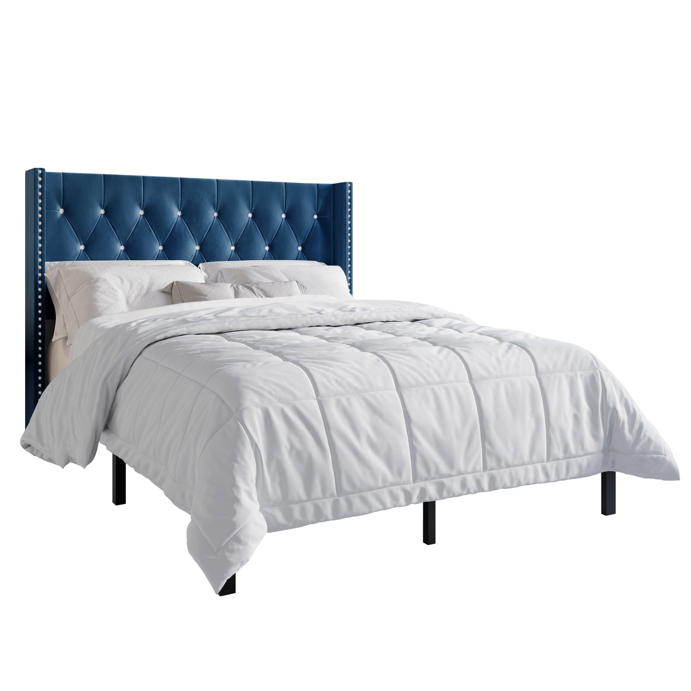 Castle Place Button Tufted Wingback Velvet Upholstered Bed with 2 Nightstands, Navy Blue, Full