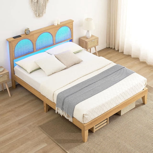Ourlova Full Size Rattan Queen size bed frame with headboard, with LED light and storage headboard, no box spring required, easy to assemble, no noise