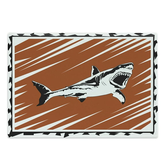 Shark Cutting Board, Killer Sea Creature Swimming in the Ocean in Grunge Graphic, Decorative Tempered Glass Cutting and Serving Board, Large Size, Black White Burnt Sienna, by Ambesonne