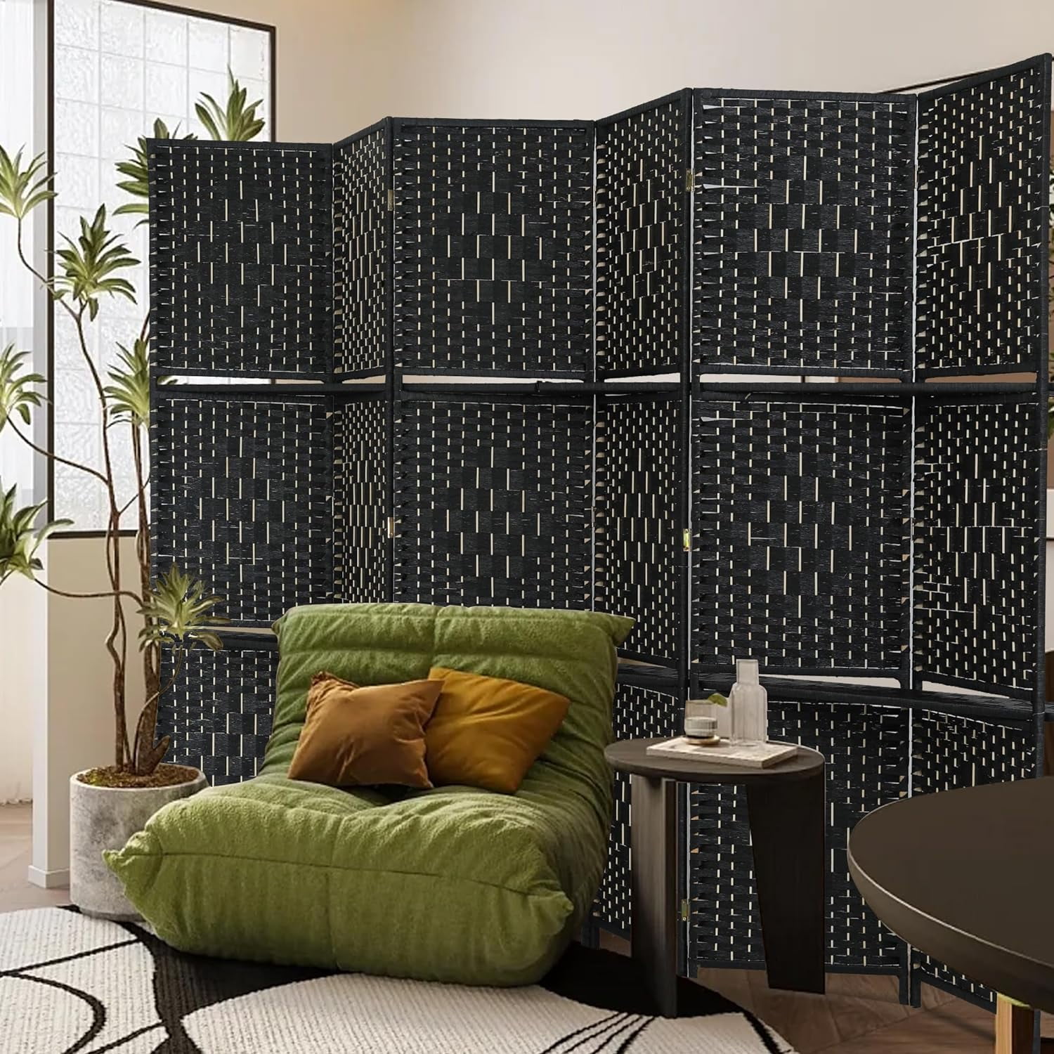 FDW 6 Panel Room Divider Wooden Portable Partition Screen Wood with Removable Storage Shelves Color, Black