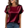 thumbnail image 5 of Women's Short Sleeve Pullover Blouses Summer Satin Silk Shirts Casual Loose Work Tunic Tops Wine S, 5 of 5