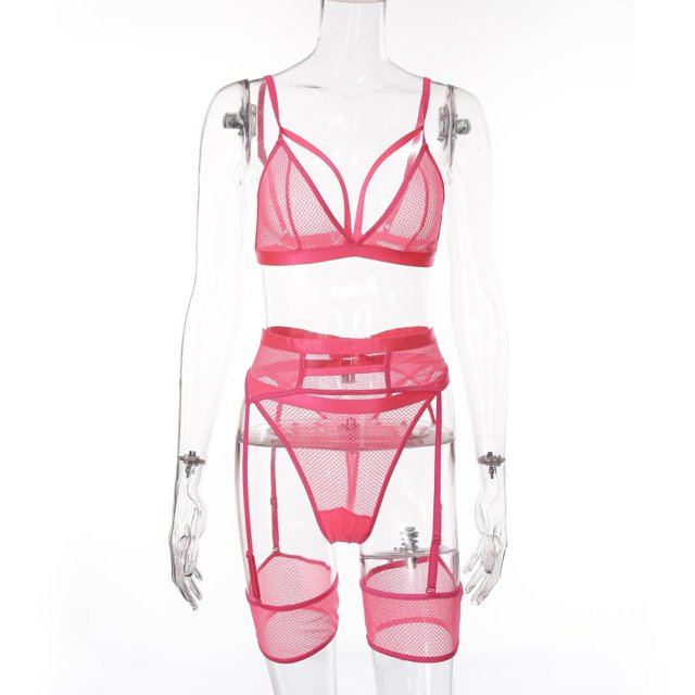 Explosivo 2023 mujer cómoda perspectiva de encaje suave mujer Sexy traje de tres piezas polvo de fósforo S XianweiShao 1327533017237