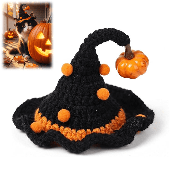 Halloween Pet Costume Set - 6Inch Woven Witch Hat and Adjustable Collar for Cats, Small Dogs, Crochet Black Cat Pumpkin Halloween