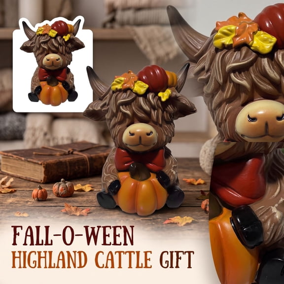 Fall Highland Cow Figurine, 6 Inch Resin Autumn Decor with Pumpkins and Maple Leaves, Cute Sitting Calf Statue for Harvest Season Home Tabletop Mantel Display