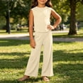 thumbnail image 6 of THDHVS Girls Fall Outfits,Girls Ribbed Sleeveless Round Neck Top Wide Leg Pants Summer Stretchy Casual 2 Piece Set,Toddler Girl Outfits Beige 5-7 Years, 6 of 8