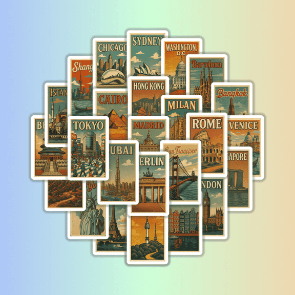 25pcs World City Retro Travel Poster Sticker Set English Design Landmark Decoration Stickers For Laptop Suitcase Car
